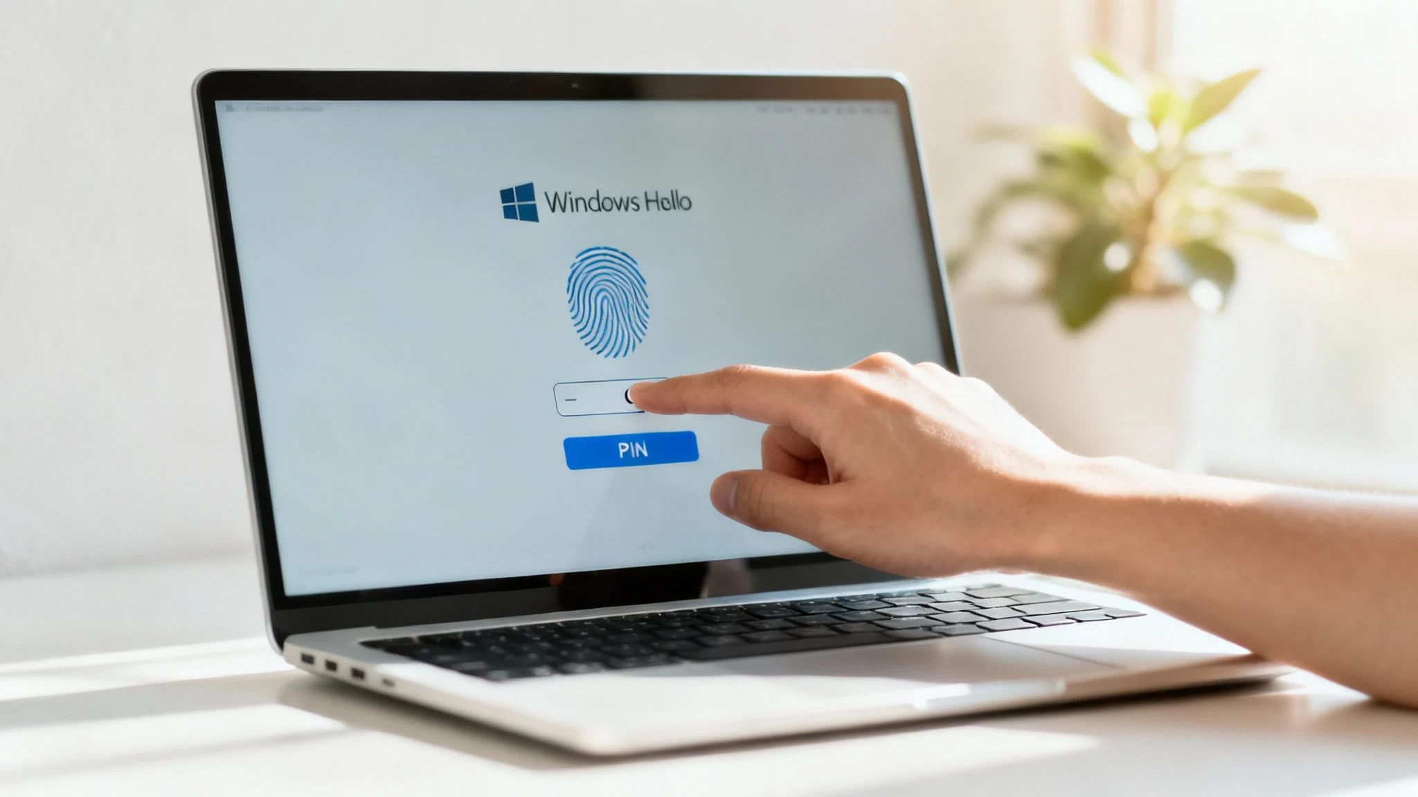A hand reaches towards a laptop screen displaying the Windows Hello log-in page, with a fingerprint icon and a PIN entry field visible. Sunlight shines onto the scene from behind the laptop.