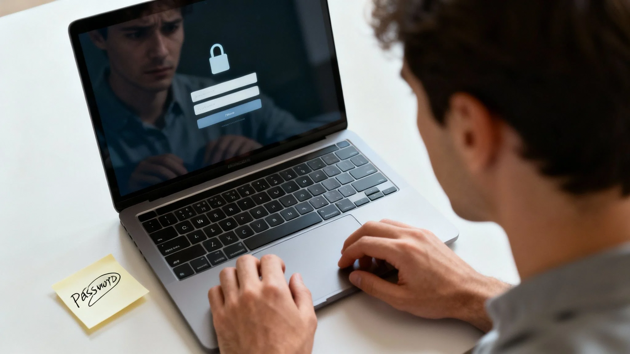 A person sits at a laptop with a login screen displayed, showing fields for a username and password and a padlock icon. A sticky note labelled PASSWORD is visible next to the keyboard.