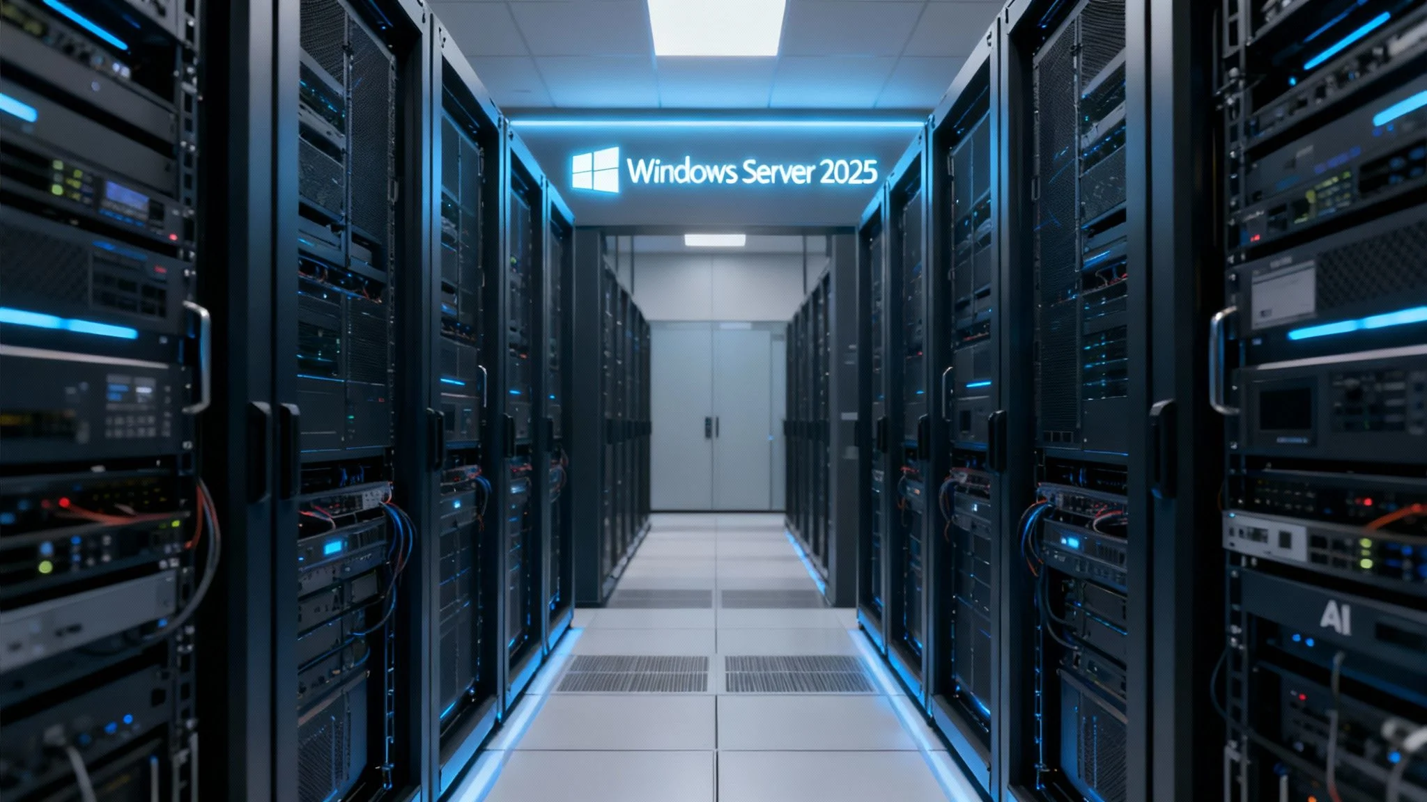 A modern data centre hallway lined with server racks on both sides, illuminated with blue lights. A sign above the corridor displays “Windows Server 2025”.