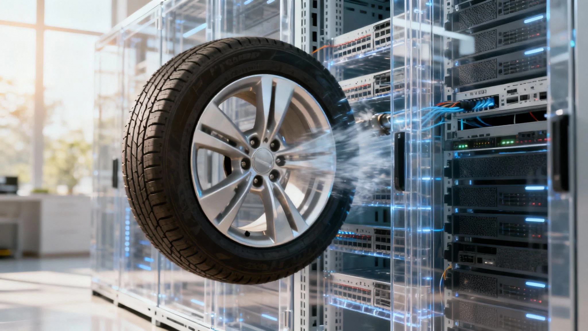 A car tyre bursts through the glass door of a server rack in a brightly lit data centre, scattering shards as computer servers line both sides.