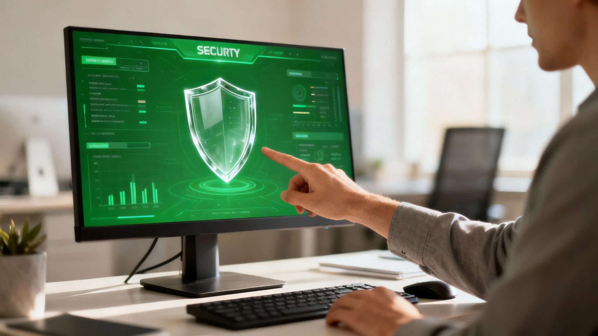 A person points at a computer monitor displaying a large green shield icon with the word Security and various digital security graphs and interface elements on the screen.