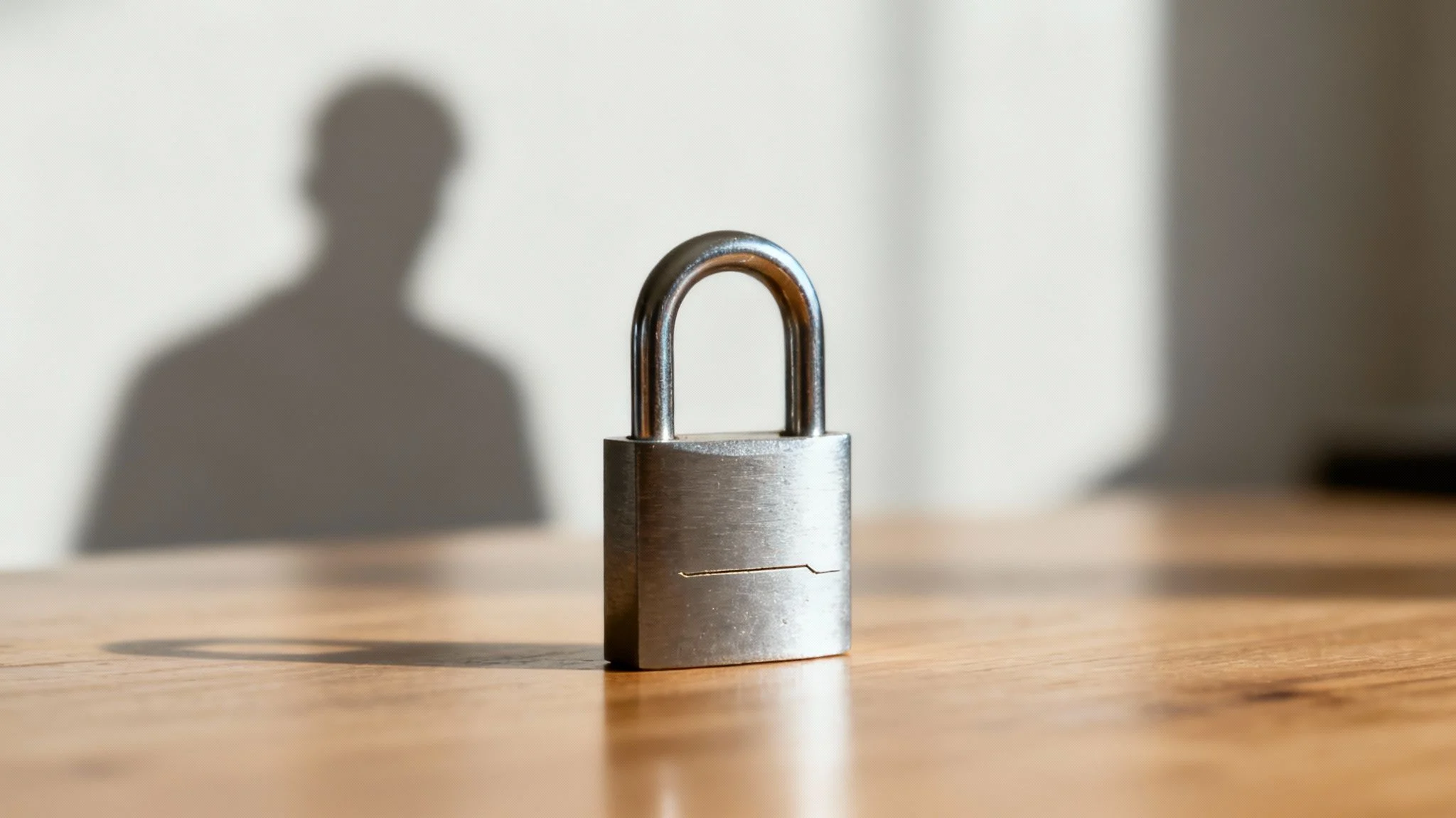 A silver padlock stands upright on a wooden surface, casting a shadow. In the blurred background, a human silhouette is also visible on the wall.
